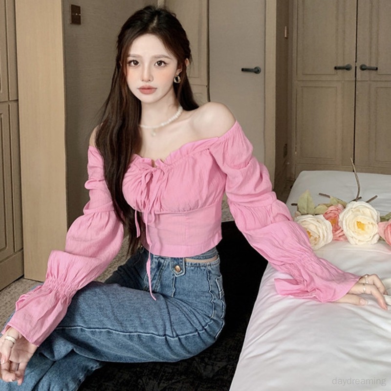 Áo Croptop Áo Sơ Mi Áo Kiểu Tay Dài Cổ Vuông Màu Sắc Thời Trang Xuân Thu Quyến Rũ Cho Nữ
