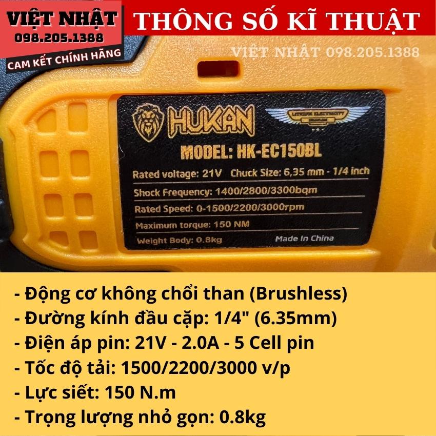 Máy chuyên vít pin 21V HUKAN - EC150BL, mô tơ động lực không chổi than, hàng chính hãng.