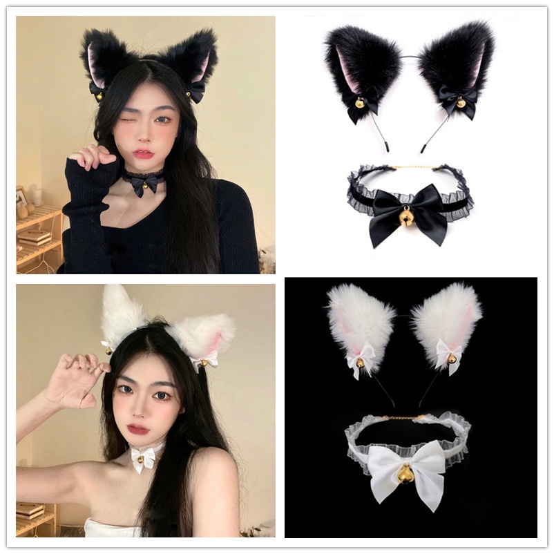 Vòng Cổ Choker Ren Thắt Nơ Tai Mèo Màu Đen Phong Cách Cổ Điển