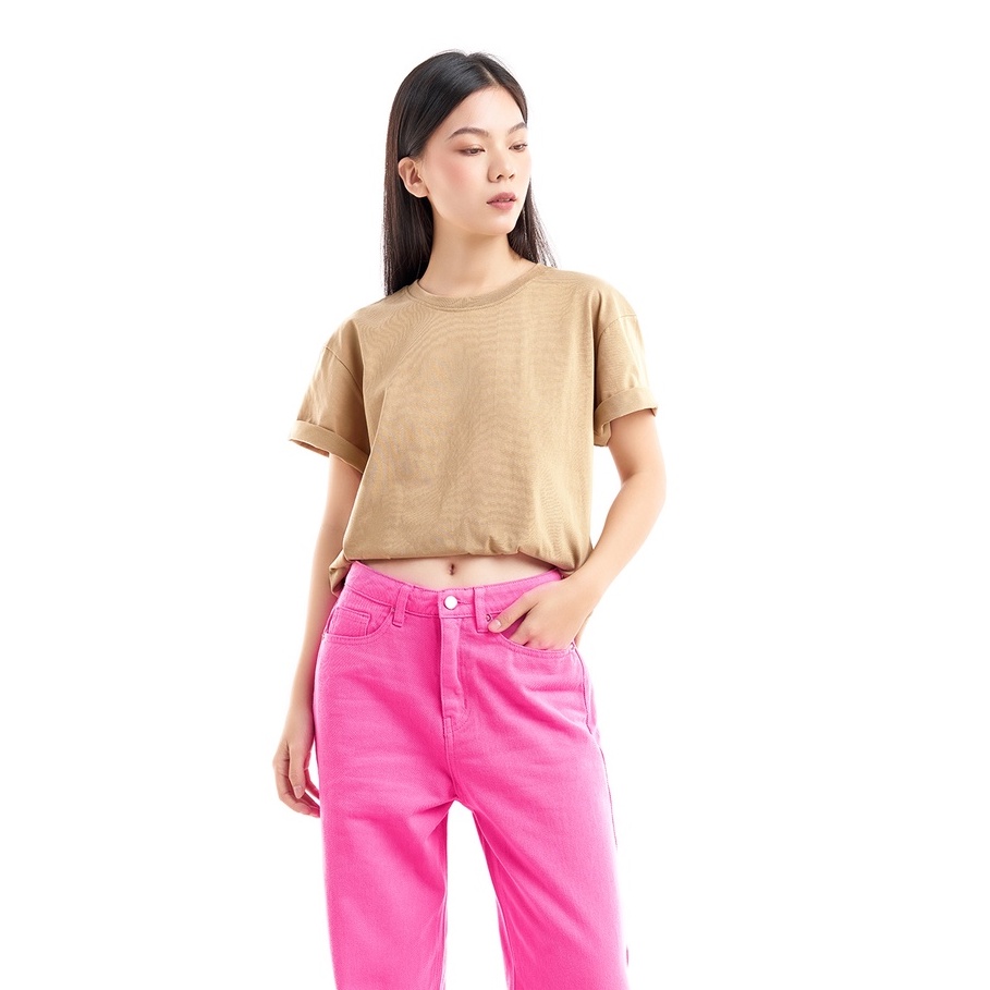 DOTTIE - Áo thun bo cổ tay ngắn nữ nâu nhạt T0523
