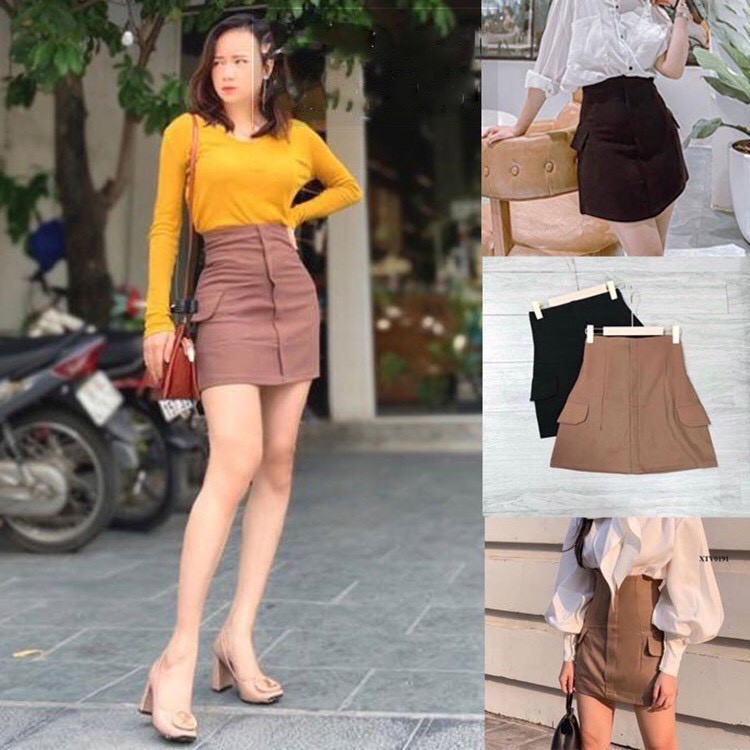 Chân váy cạp cao kiểu dáng Hàn Quốc phối túi hông cực xinh