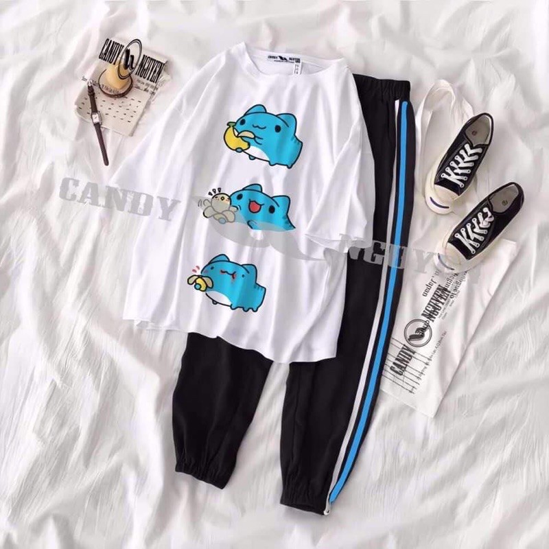 Set áo thun tay lỡ 3 chú mèo xanh quần bom chun gấu 2 sọc thể thao 2 màu Kt