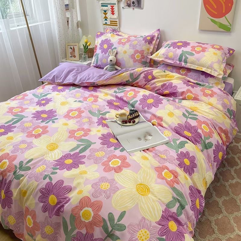 Bộ Chăn Ga Gối 🪴 combo 5 món cotton 3D moexu bedding kẻ sọc hoa nhí sang trọng mềm mịn đủ kích thước
