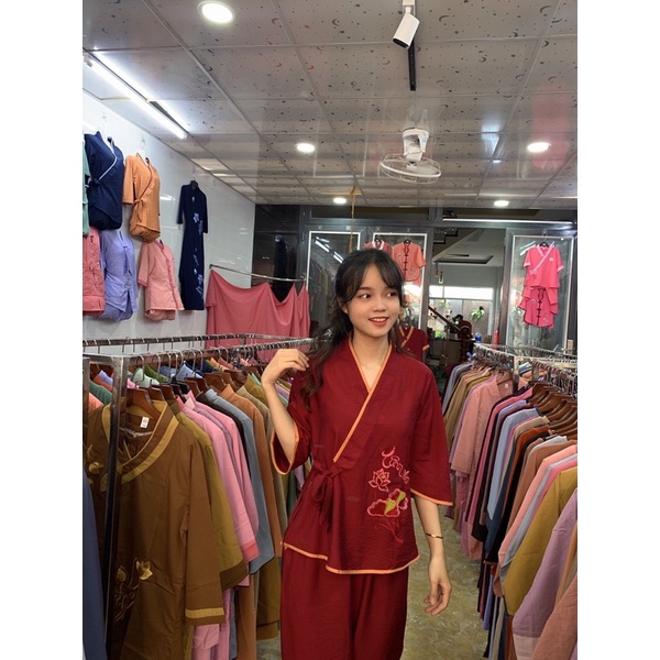 thời trang nữ áo lam đi chùa, xéo cột nơ thêu chất tơ