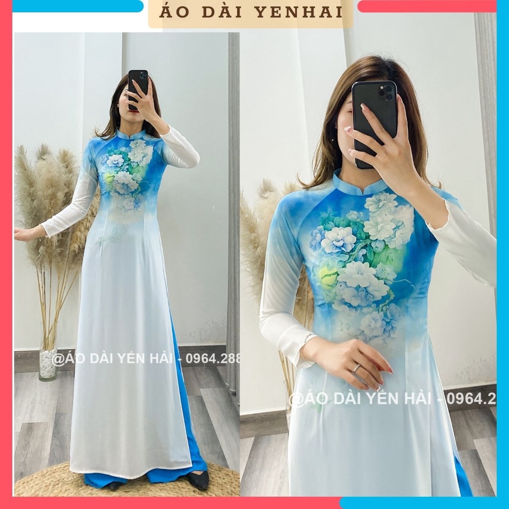 Áo dài truyền thống in hoạ tiết hoa nổi nền xanh trẻ trung | D209