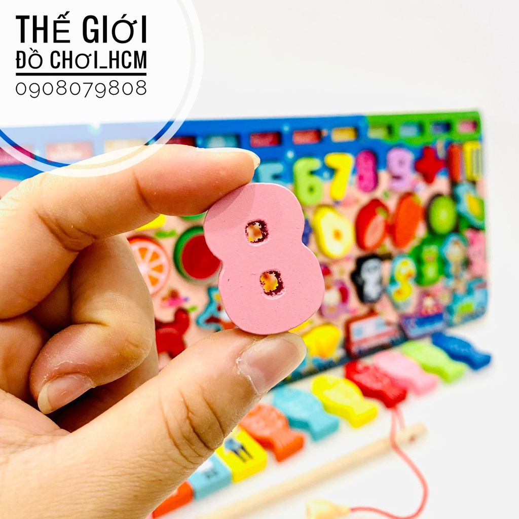 [BỔ ÍCH-MONTESSORI] Bộ đồ chơi gỗ đa năng câu cá học chữ số, nhận biết người, các loại hoa quả, xe