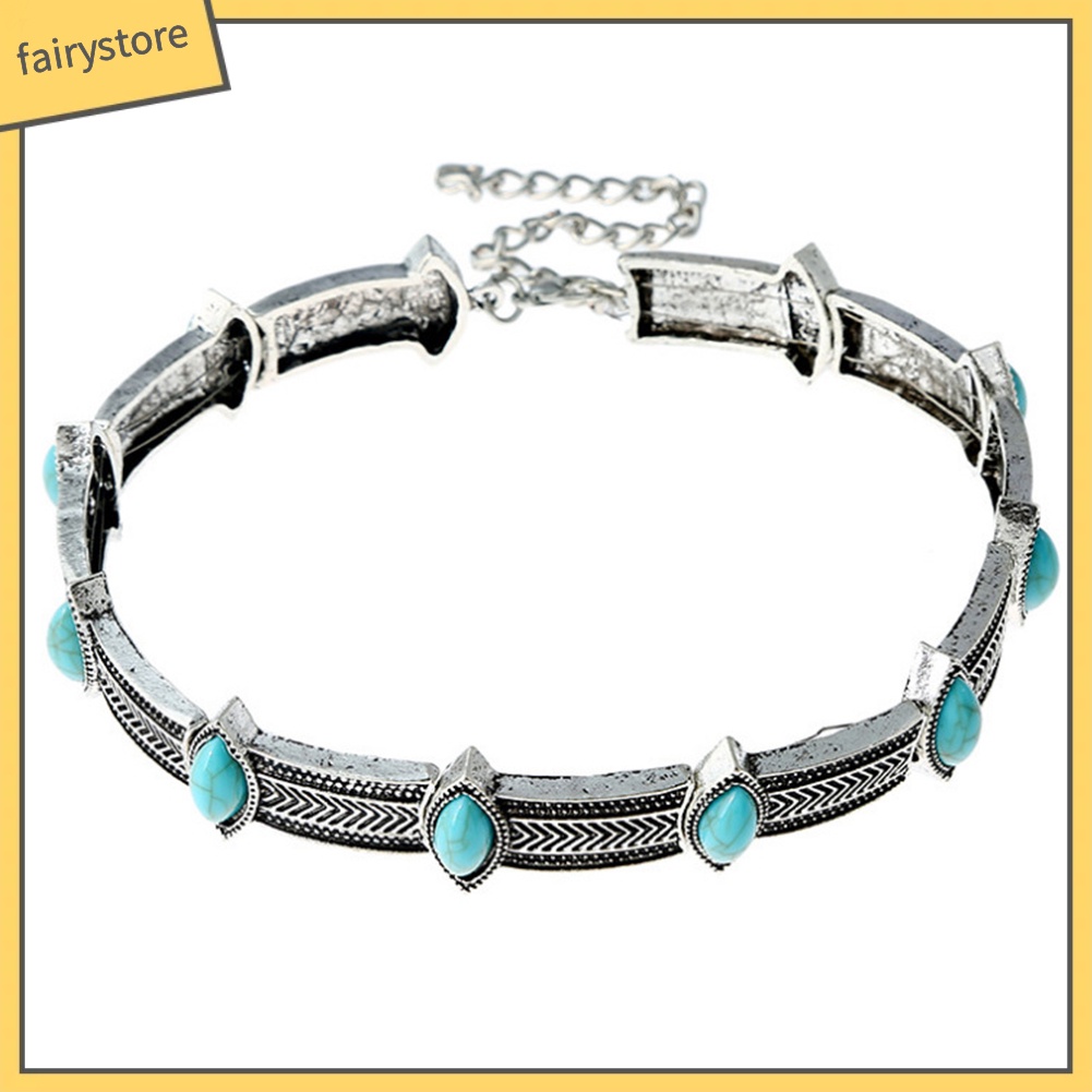 Vòng Cổ Choker Đính Đá Ngọc Lam Nhân Tạo Phong Cách Bohemian Thời Trang
