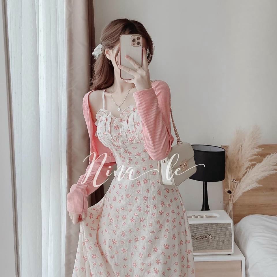 Đầm Váy Hoa Tiểu Thư Đính Nút Nhẹ Nhàng Với 3 Màu Siêu Xinh( Hồng Vàng Xanh) Kèm Aó Khoác Lụa Dành Cho Các Nàng Đi Chơi