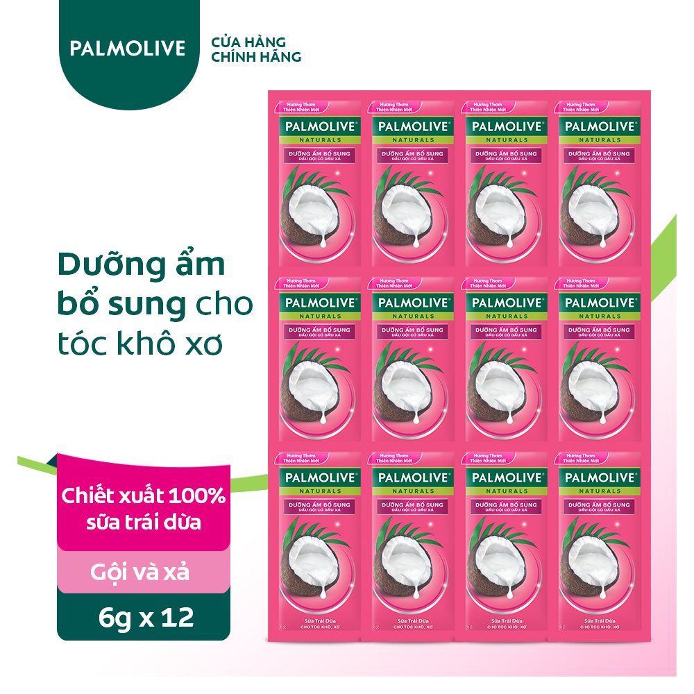Bộ 12 gói dầu gội kèm dầu xả Palmolive Dưỡng Ẩm bổ sung từ sữa dừa &amp; protein 6g