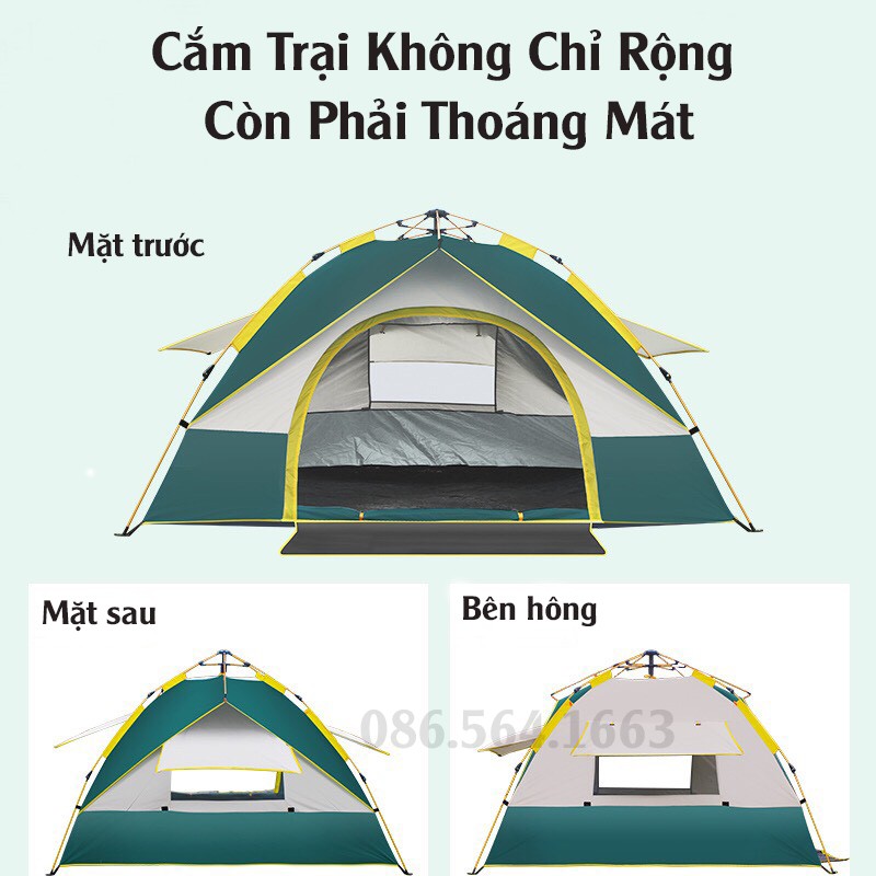 Lều Cắm Trại Tự Động Chống Thấm Nước 3 Cửa Sổ Có Màn Che Chống Muỗi - Lều Dã Ngoại Du Lịch Cho 4 - 6 Người