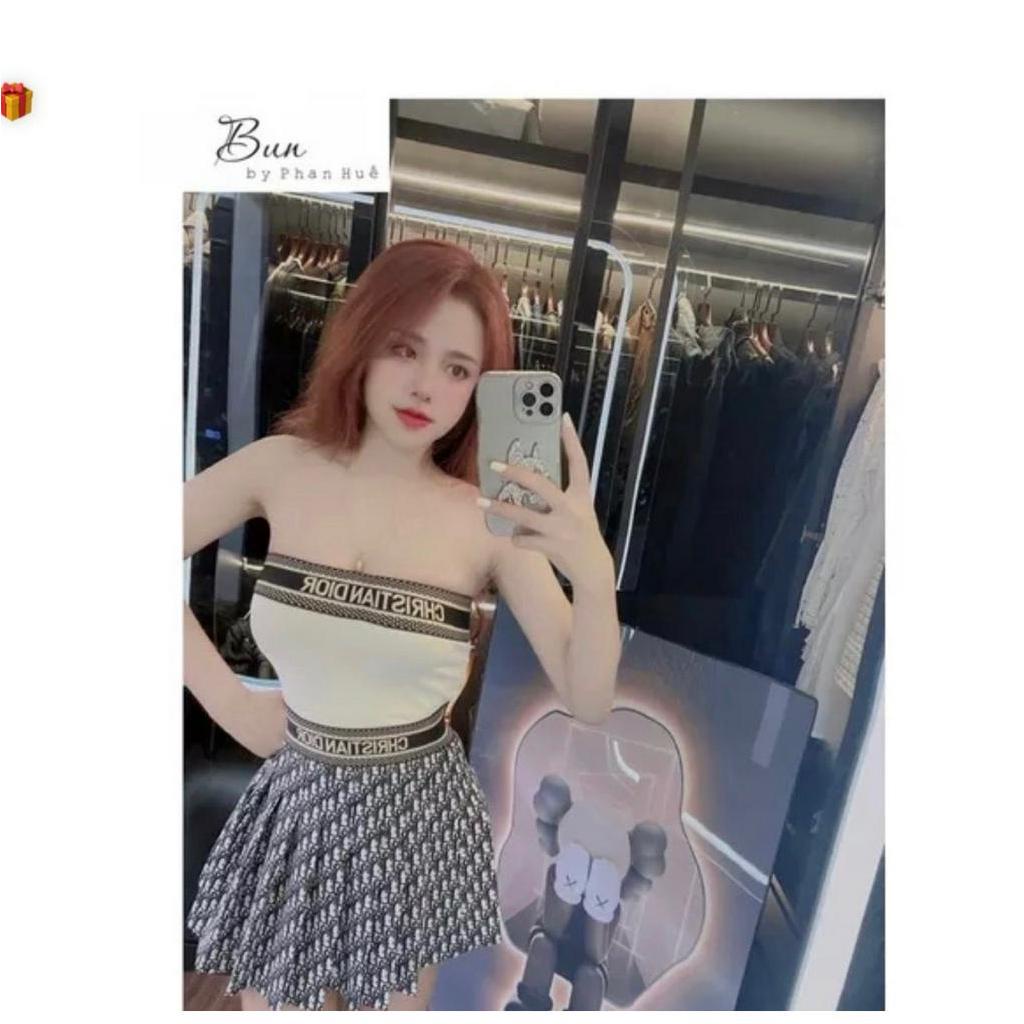 Set nữ áo ống croptop mix chân váy xòe dáng ngắn kèm đai in chữ chất thun bozip xinh hot