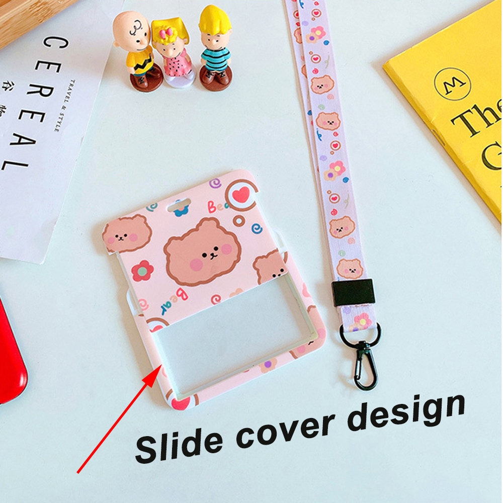 SWEETJOHN Korea Card Holder Rabbit Bear Name Card Cover with Long Lanyard ID Pass Holder Cute Fashion Design Women Girls Student Badge Case