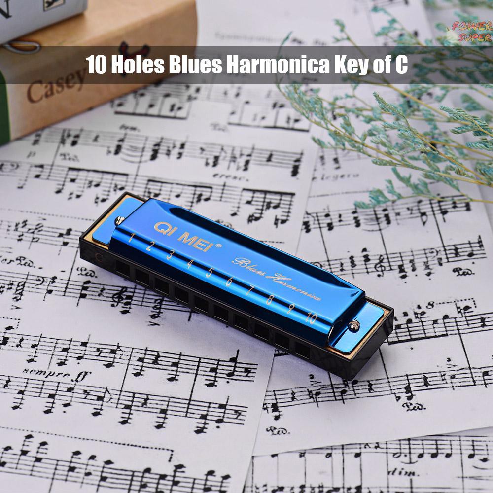 PSUPER QI MEI 1020 Blues Harmonica Key of C 10 Holes 20 Tunes Diatonic Harp Mouthorgan with Cleaning Cloth and Storage Box Black