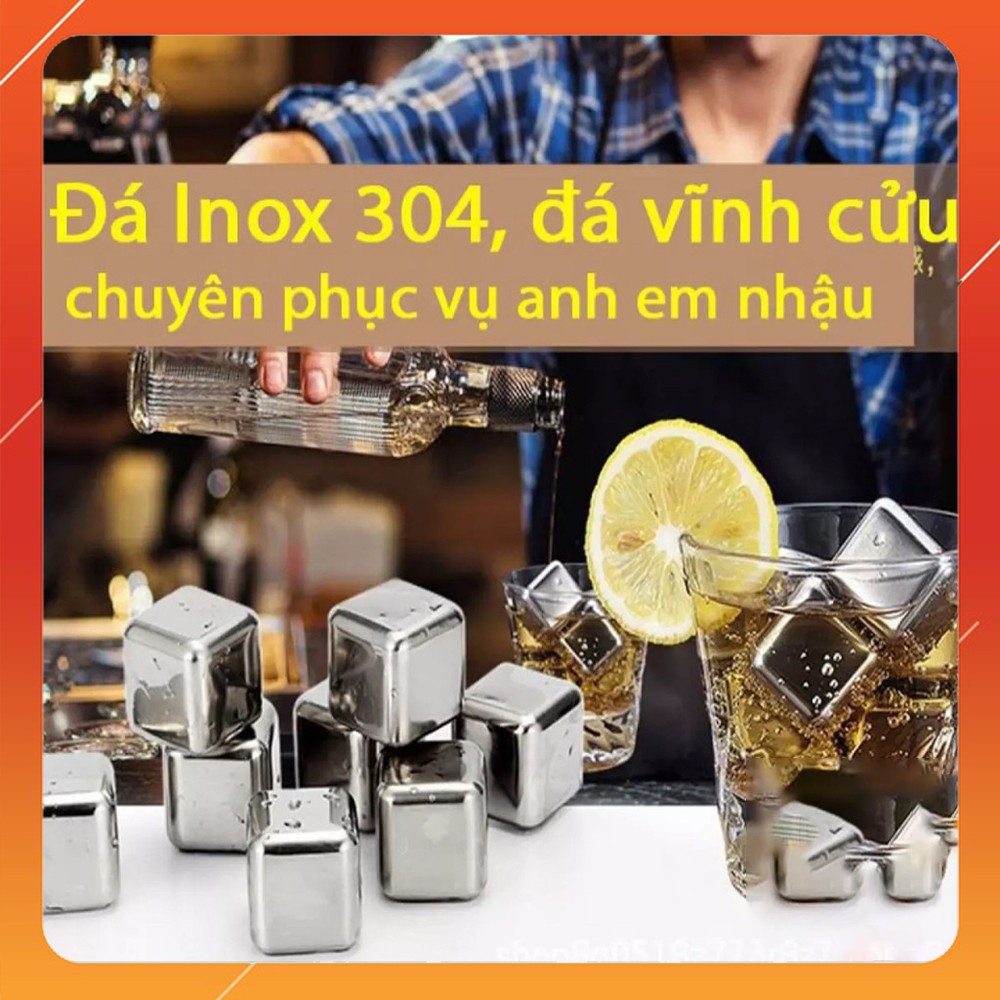Đá INOX304 Lạnh Vĩnh Cửu - Cooling Cubes 8 viên SSGP + Kèm Kẹp( Bạc ) - Làm Lạnh Đồ Uống Không Gây Loãng Hương Vị