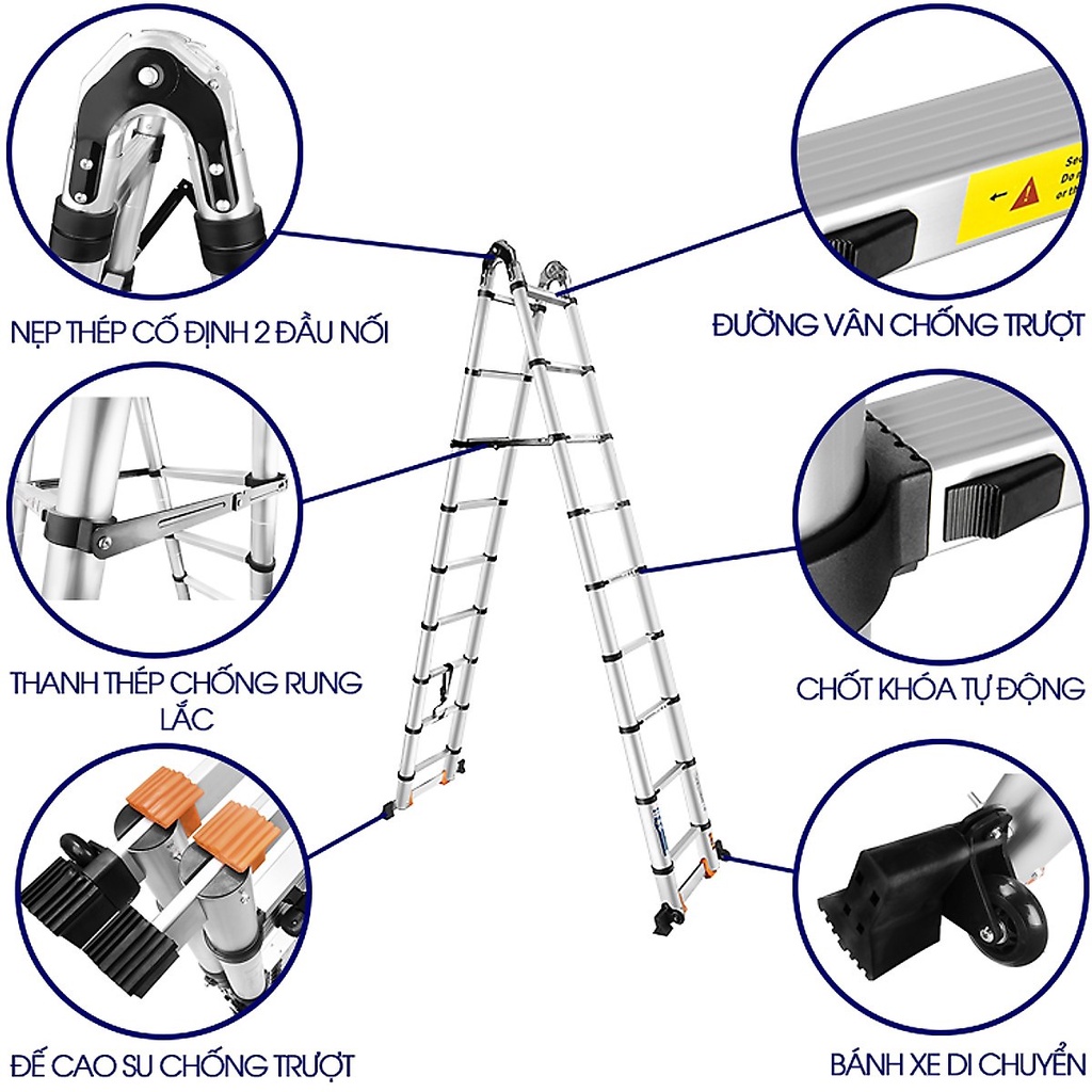 Thang nhôm rút xếp đôi chữ A Jumbo A190,A220,A250,A280 NEW Thang nhôm rút gọn đa năng cao cấp - 1m9, 2m2, 2m5, 2m8