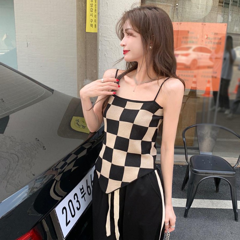 Áo hai dây dệt kim họa tiết sọc caro thiết kế độc đáo thời trang quyến rũ cho nữ