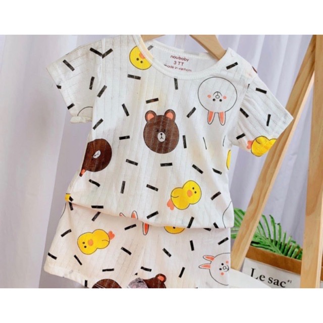 Bộ cotton giấy cộc tay in hình dễ thương cho bé từ 3 đến 14kg