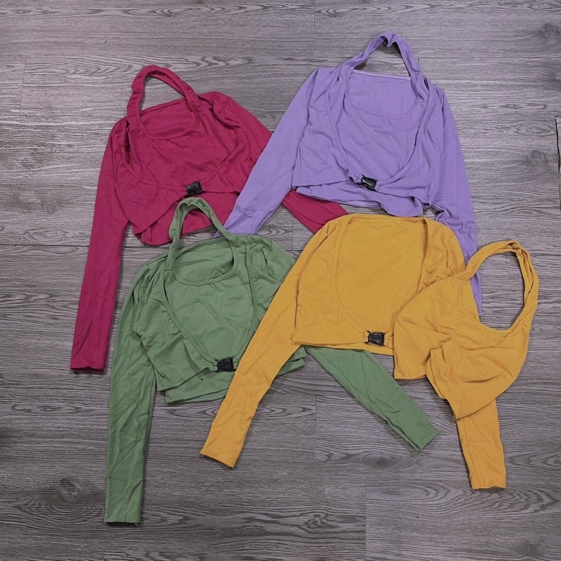 Set Bộ Áo Croptop yếm kèm khoác gài khoen, Áo Yếm Nữ Dài Tay Kèm Áo Freesize Sexy