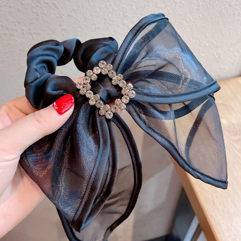 Dây Buộc Tóc Thắt Nơ Ruy Băng Đính Đá Màu Đen Thời Trang Cho Nữ