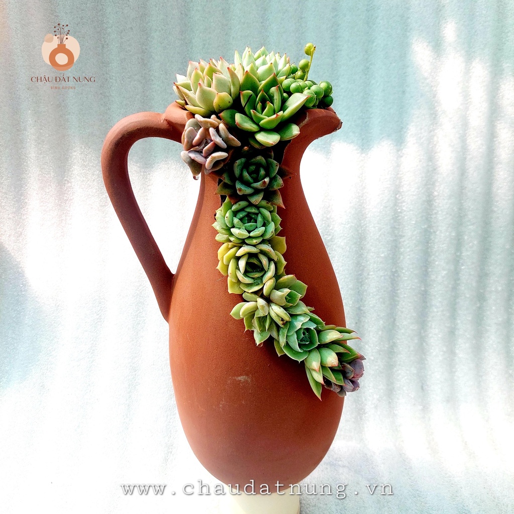 Chậu đất nung, Chậu sen đá - Bình sữa cắt vân mây, miệng chậu 10cm, chiều cao 29cm