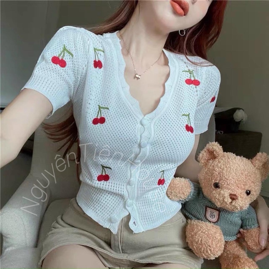 ÁO LEN NỮ TAY NGẮN LƯỢN SÓNG THÊU QUẢ CHERRY CỰC NỮ TÍNH - CHẤT VẢI MÁT MẺ
