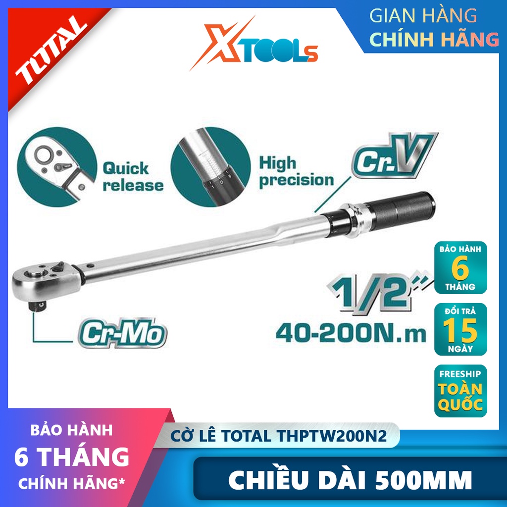 Cờ lê lực TOTAL THPTW200N2 | cần xiết lực Kích thước 1/2 inch, Chiều dài 500 mm, Mô men xoắn 40 - 200 N.m, Chất liệu CRV