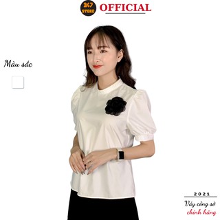 Áo sơ mi công sở cài hoa 247STORE (màu trắng), dáng dài, cộc tay. tay bồng, cổ tàu, vải lụa mềm nhẹ, không nhăn