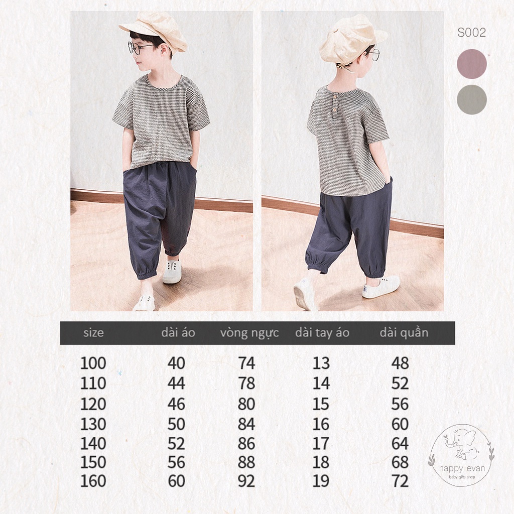 [Happy Evan] Set áo caro vải hemp + quần harem phong cách Nhật, vô cùng nhẹ nhàng, thoáng mát, cá tính cho bé đi chơi.