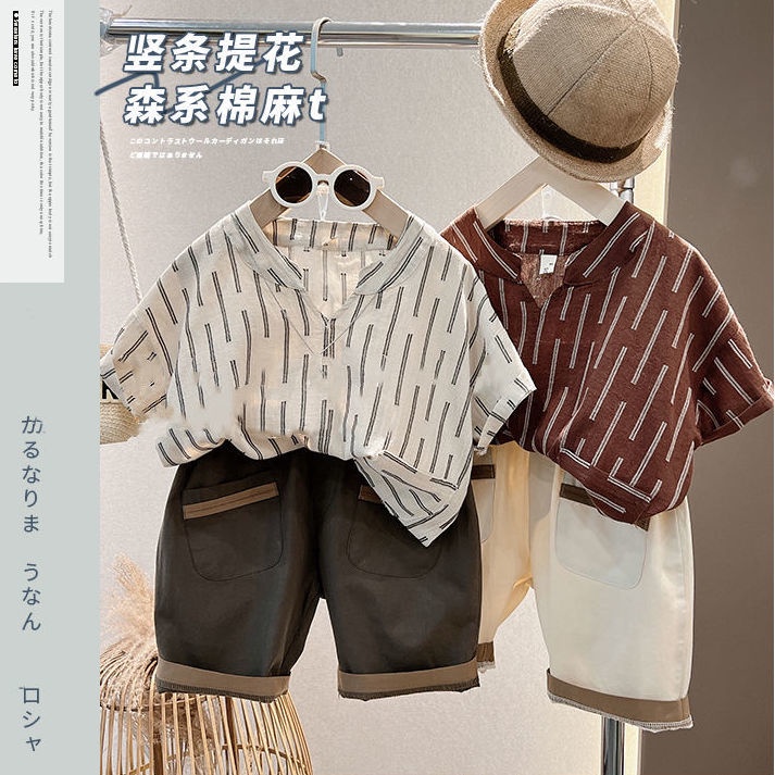 Bộ Áo Sơ Mi Cổ Đứng + Quần Short Vải Lanh Cotton Phong Cách Phương Tây Thời Trang Mùa Hè Cho Bé Trai