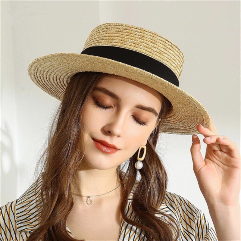 Mũ rơm đi biển Vintage Boater - viền nơ - vành rộng 7cm - (đóng hộp)