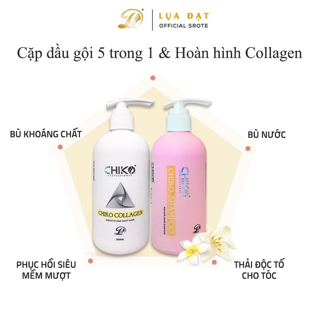 Cặp dầu gội-Dầu Hấp collagen Chiko,siêu phục hồi tóc hư tổn 500ml (có quà tặng)