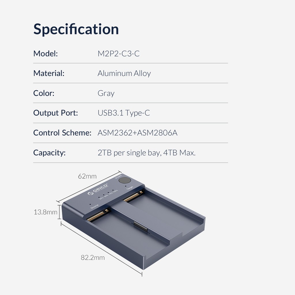 Docking Orico 2 bays SSD PCIe NVMe M2P2-C3-C - Hàng phân phối chính hãng