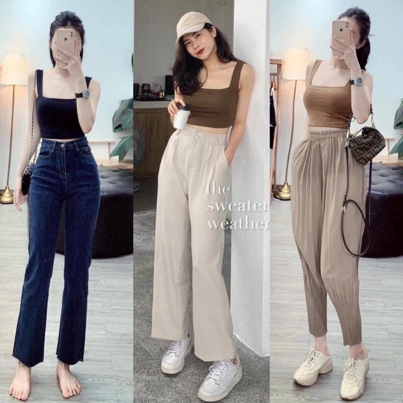 Áo 2 dây bản to cổ vuông ôm body quyến rũ 3 màu xinh xắn/ Áo croptop nữ thời trang hàn quốc mặc tôn dáng_kudoshop