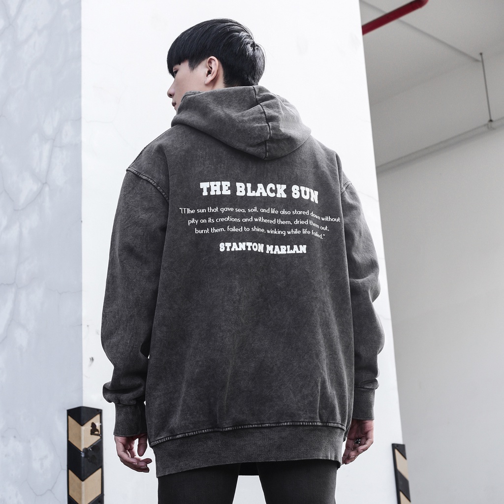 Áo Hoodie Wash Xám The Black Sun Form Rộng rãi Thoải Mái Unisex Chất Liệu 100% Cotton Hình In Sắc Nét Wash Đá Bọt