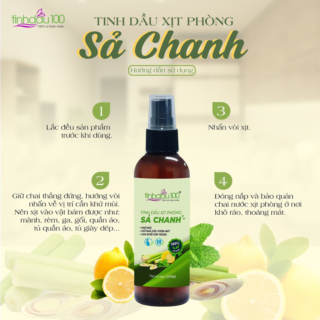 Tinh dầu xịt phòng sả chanh Tinh Dầu 100 khử mùi, thơm phòng, thư giãn, đuổi muỗi, an toàn cho bà bầu và trẻ nhỏ