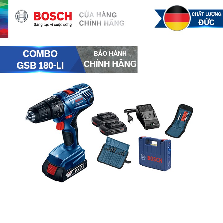 Bosch Máy khoan vặn vít động lực dùng pin cầm tay Bosch GSB 180-LI + phụ kiện MỚI