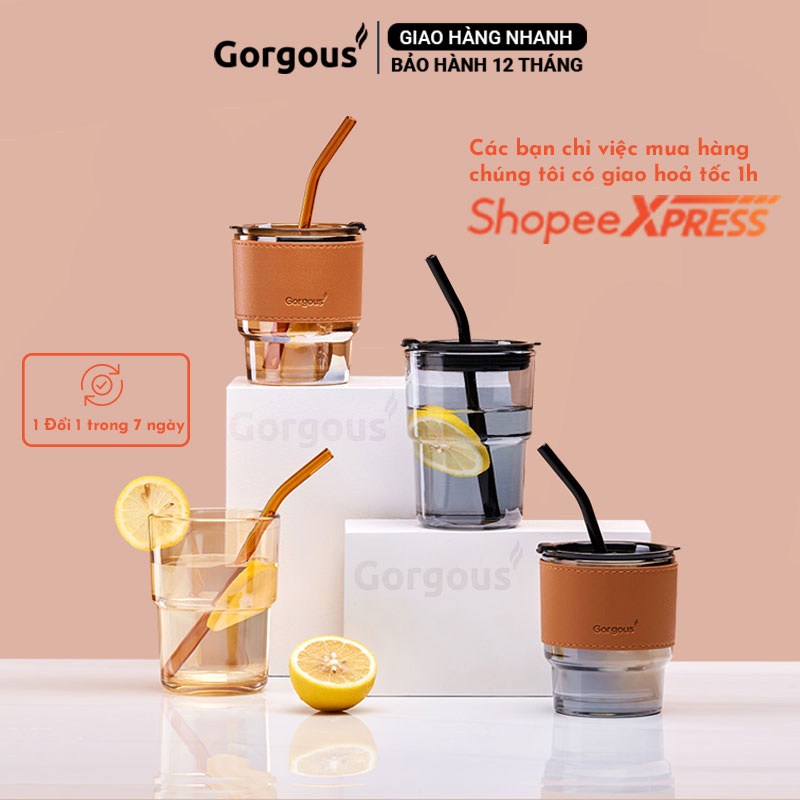 Cốc thuỷ tinh vỏ da có nắp và ống hút, ly uống nước đẹp dung tích 450ml Gorgous
