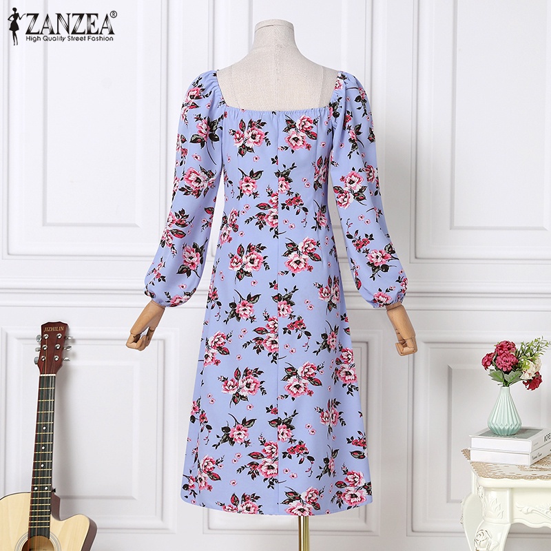 Đầm dài ZANZEA tay phồng dài cổ vuông có dây kéo bên hông thời trang cho nữ