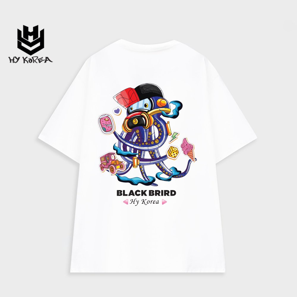 Áo thun unisex tay lỡ Mực Black Brird 744 HY KOREA nam nữ form rộng.