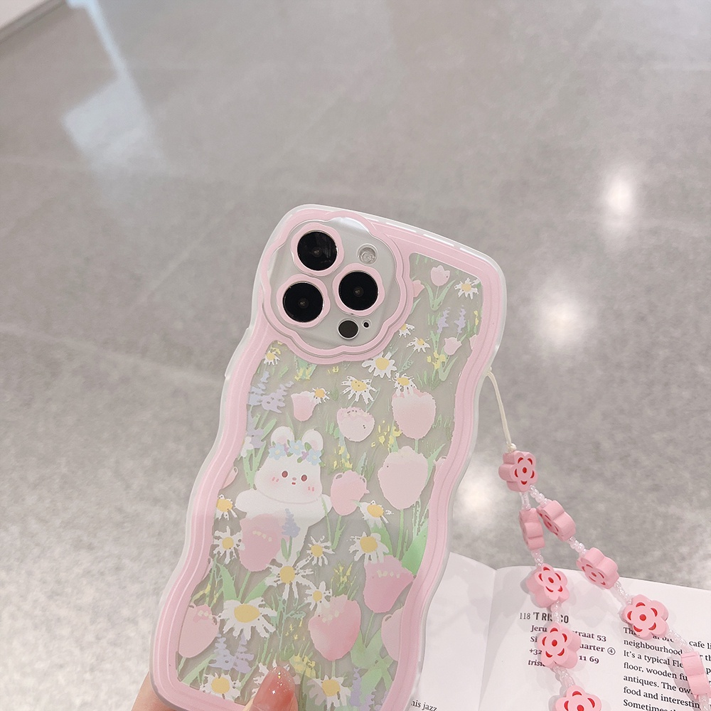 Ốp Điện Thoại Hình Hoa Tulip Và Thỏ Có Dây Đeo Cho IPhone 13promax 12 11 7Plus X XR XSMAX