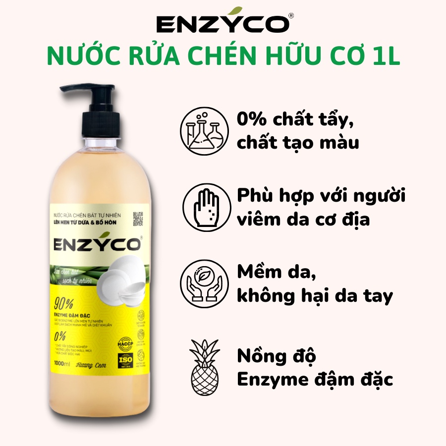 Nước Rửa Bát Sinh Học ENZYCO 90% Enzyme Tự Nhiên Từ Dứa Bồ Hòn 1L