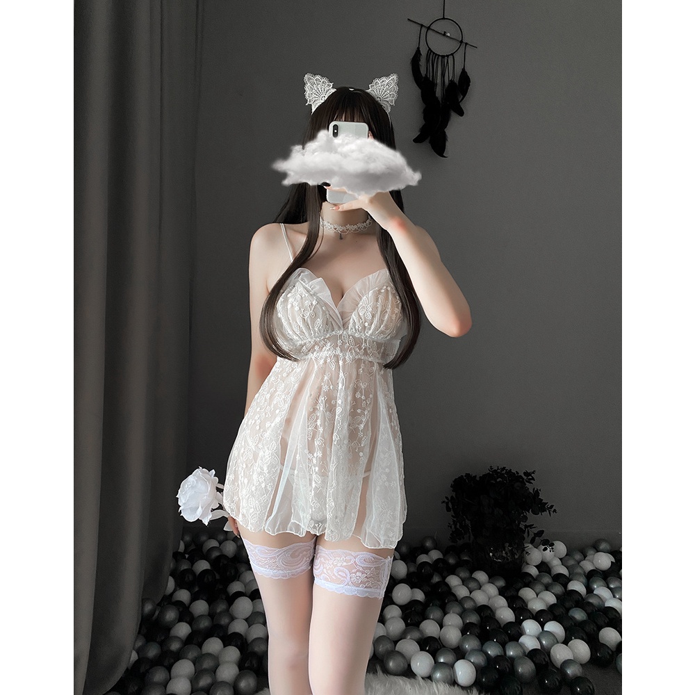 Váy ngủ nàng thơ xuyên thấu ren hoa đan dây sau lưng sexy siêu gợi cảm, quyến rũ trắng, đen