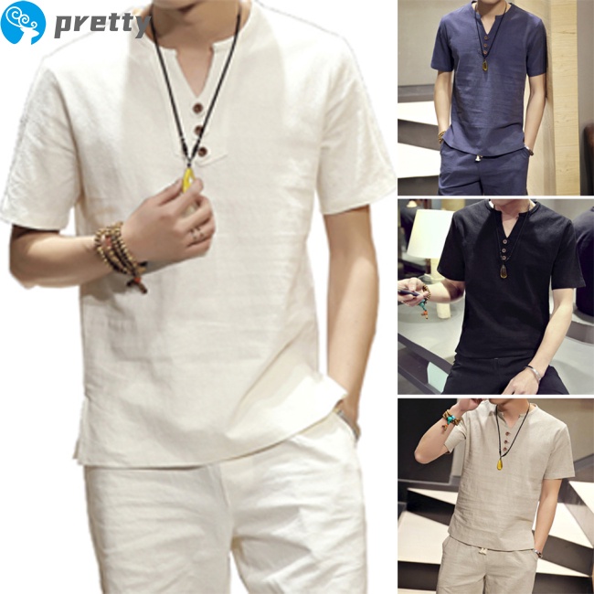 Jazeel Men T-shirt Cotton And Linen Solid Color Cotton V-neck Short-sleeve T-shirt