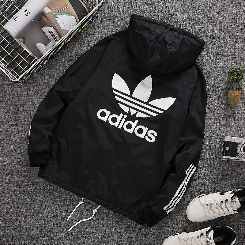 Áo Khoác Gió Hai Mặt Có Mũ Trùm In Logo Adidas Thời Trang