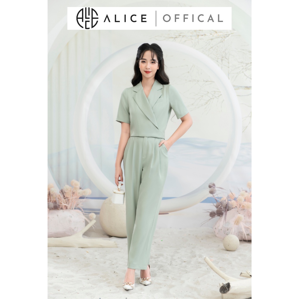 Set Đồ Công Sở Quần Dáng Suông, Áo Croptop Cổ Vest Thắt Dây Sau Lưng ALICE Chất Chéo Kaki Lót Lụa Cao Cấp S1019