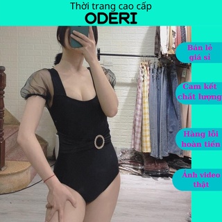 Bikini, Đồ Bơi Đi Biển Thân Liền Đen Đính Đá Tay Con Sang Chảnh KG17