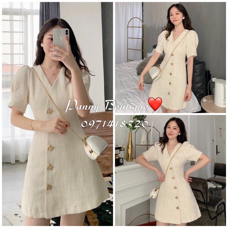 Đầm cổ V tay phồng khuy ánh kim, style ulzzang Hàn Quốc 🌻 Panny Boutique 🌻