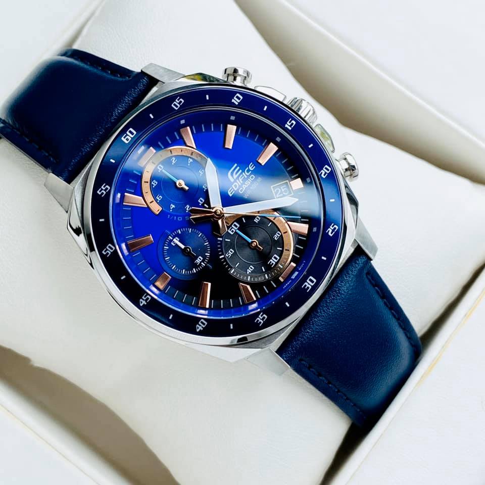 Đồng hồ nam dây da chống nước Casio Edifice EFV 600L-2A Mặt xanh Bảo hành 5 năm Hyma watch