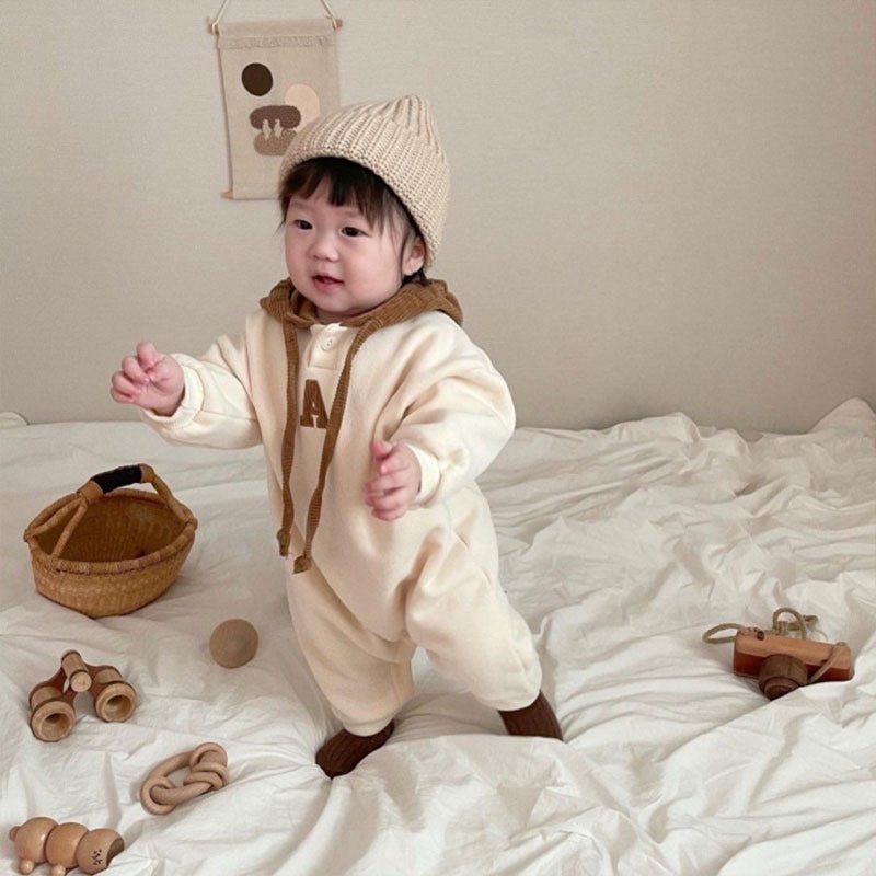 Bộ Áo Liền Quần Chữ A Có Mũ Trùm Thêu Họa Tiết Phong Cách Hàn Quốc Thời Trang Xuân Thu Cho Bé Trai Và Gái X9IS