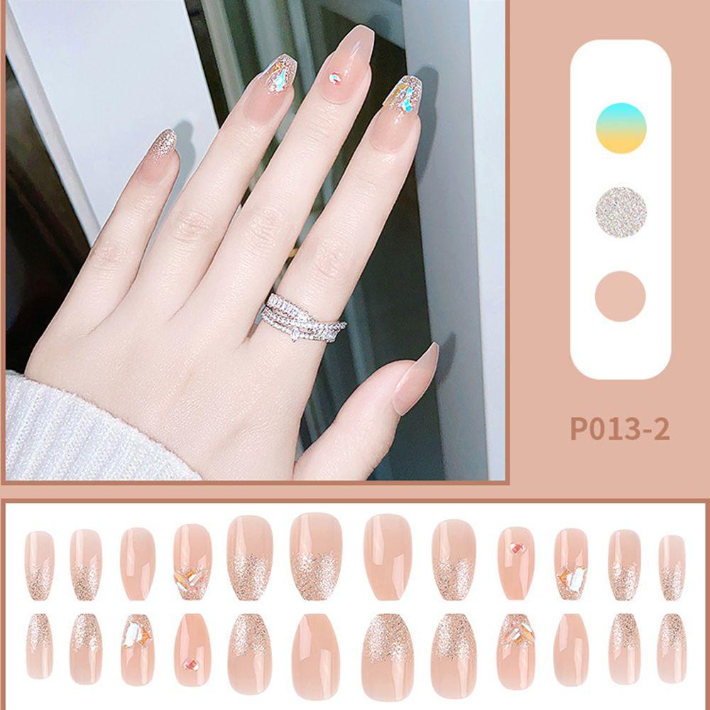 Hộp 24 Móng Tay Giả Ngắn Tự Dính Trang Trí Nơ Lấp Lánh Dễ Thương